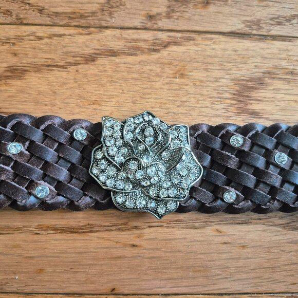 Leather Braided Cuff Bracelet w/ Rhinestone Flower - Picture 3 of 10
